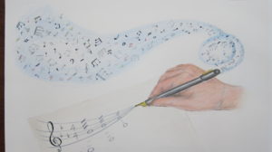 Hand with pen writing music