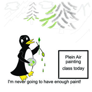 Plein Air art: Penguin tries to paint real plants