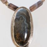 Oval Plume Agate Pendant Necklace, gray and black set in sterling silver