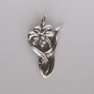 A stylized lily flower I hand hammered for a unique, statement pendant, inspired by my own garden flowers. This original, one of a kind, handmade sterling silver pendant is 1.9: x 1.25". AR129, $160